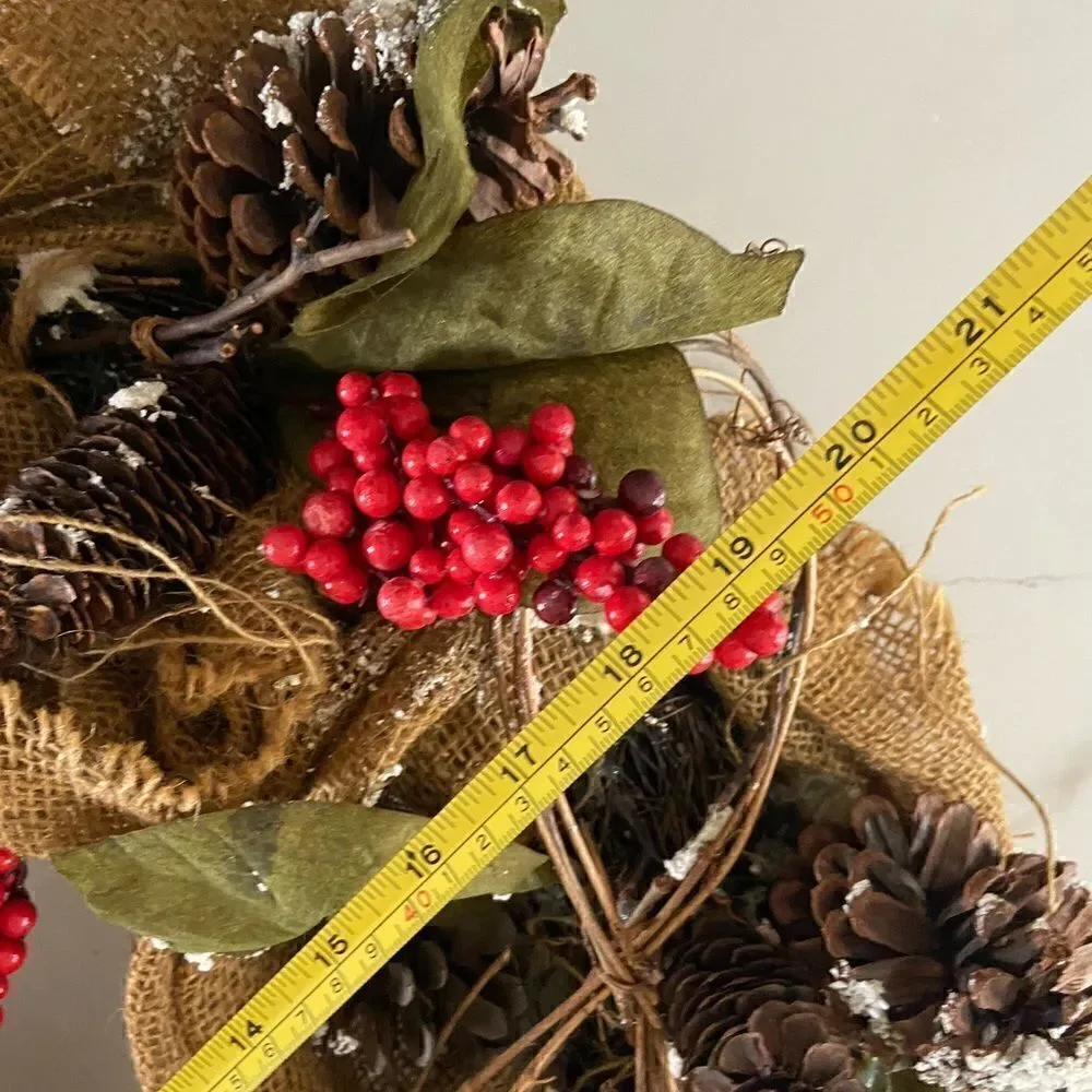 Woodland Christmas Wreath with Pinecones Burlap Twine Faux Berries FARMHOUSE 20”